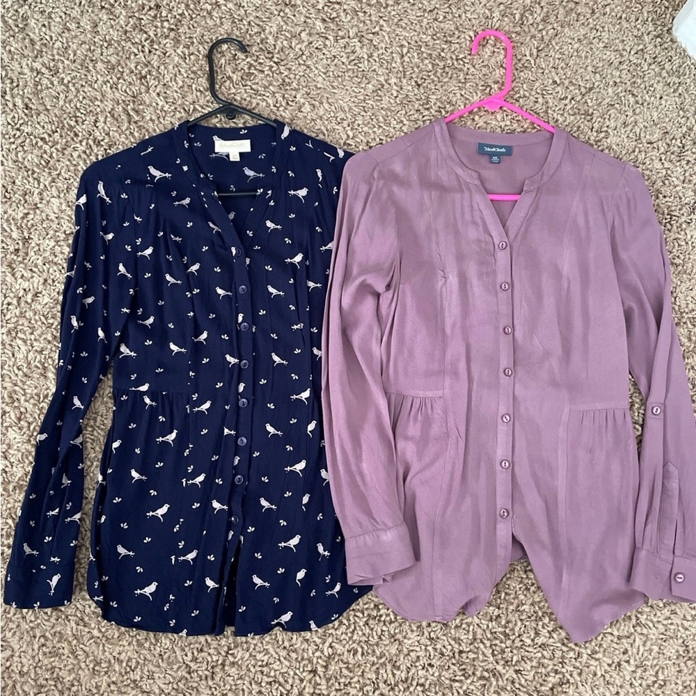 ModCloth bird and pink blue button up shirt
